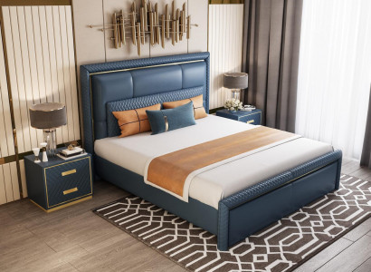 Schlafzimmer Set Bett 2x Nachttisch 3 tlg Design Modern Luxus Blau Gold